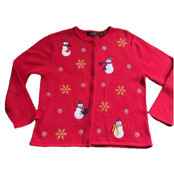 Crystal-Kobe Women's Red Christmas Cardigan Sweater Snowmen Design Size Medium - Picture 2 of 6